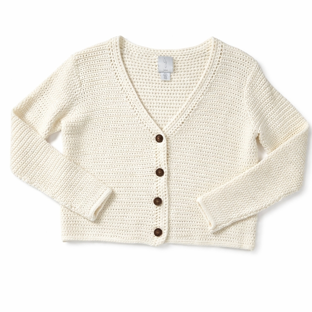 Joie Cream Cottagecore Open Weave Crochet cotton Cardigan Sweater women XL